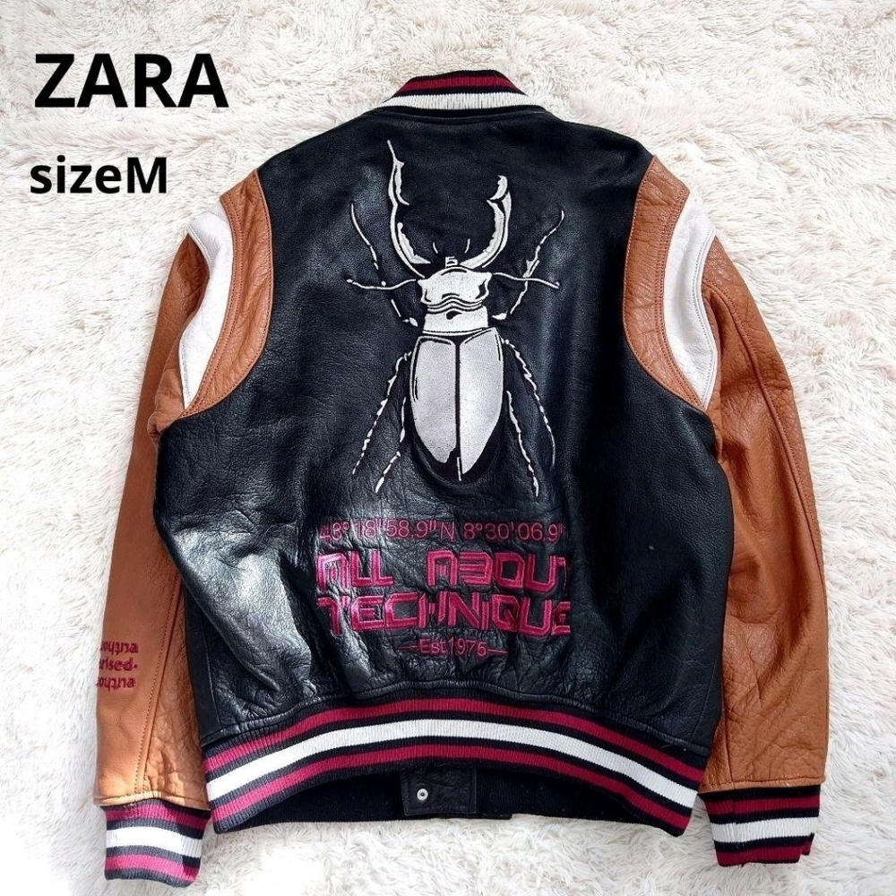Zara Stadium Jacket‎ Black Brown Buffalo Leather Stag Beetle Embroidery M EUC